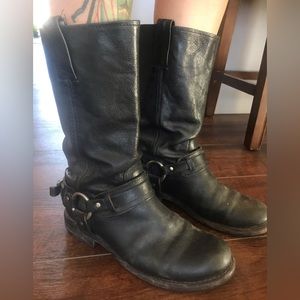 Frye black leather harness boots